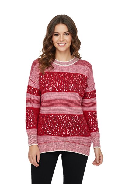 Nefise Kadın Pullu Çizgili Oversize Kazak 7592 BGL-ST04076