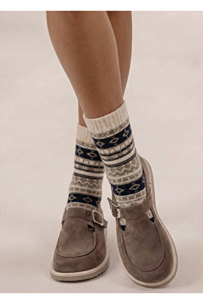 FENRA STUDIO Women's Winter Thermal Wool Lambswool Warm Cream Blue Kilim Patt...