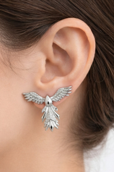 Crc Bijuteri أقراط فضية على شكل طائر العنقاء - أقراط نسائية من المجوهرات غير ...