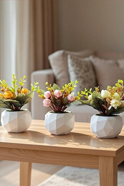 adresiburasi مجموعة زهور صناعية في وعاء خرساني مكونة من 3 قطع موديل 3