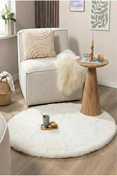 ECOSER Tavşan Tüyü Post Kaymaz Taban Yıkanabilir Krem Peluş Yuvarlak Halı Sal...