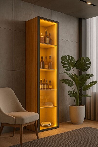 Vanmed Home Vanmed MDF Ledli Cam Kapaklı Dikey Vitrin Dolabı 40*30*210