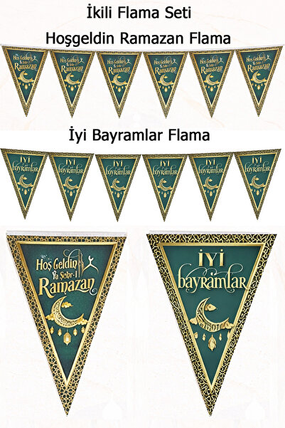 Parti dolabı 2Lİ Ramazan Flama Seti: Hoşgeldin + İyi Bayramlar Bayrak Süs Şek...