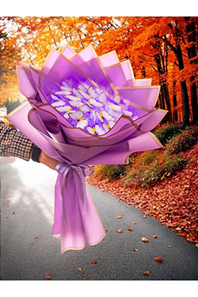 exzone LED IŞIKLI LİLA MOR KELEBEK BUKETİ YAPAY ÇİÇEK KALICI HEDİYE