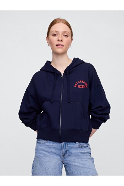 GAP Kadın Lacivert Oversized Logo Grafik Fermuarlı Sweatshirt
