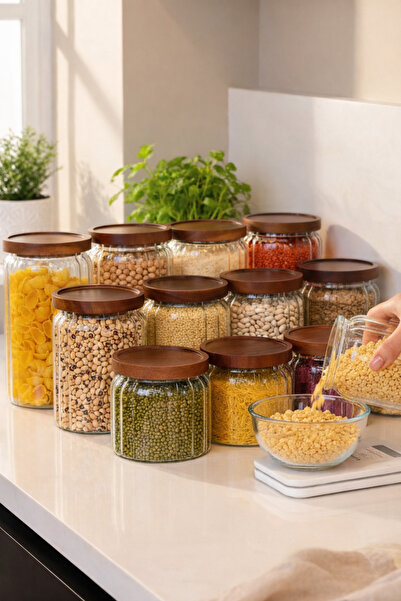 Paşabahçe 3'lü Akasya Kapaklı Vakumlu Çizgili Model Büyük Hacimli Kavanoz-Bah...