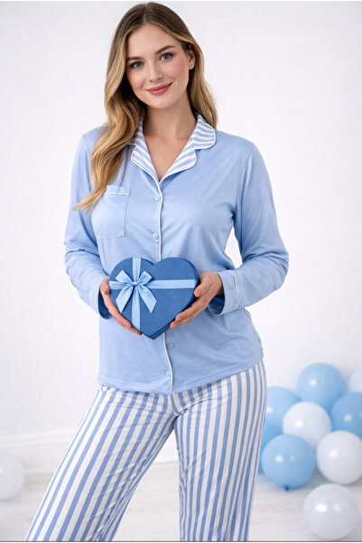 Luna Mavi önden düğmeli pijama takımı
