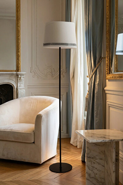 Marrien Cora Siyah Metal Tek Ayaklı Lambader - Luxury Desenli Başlık 145cm Mo...