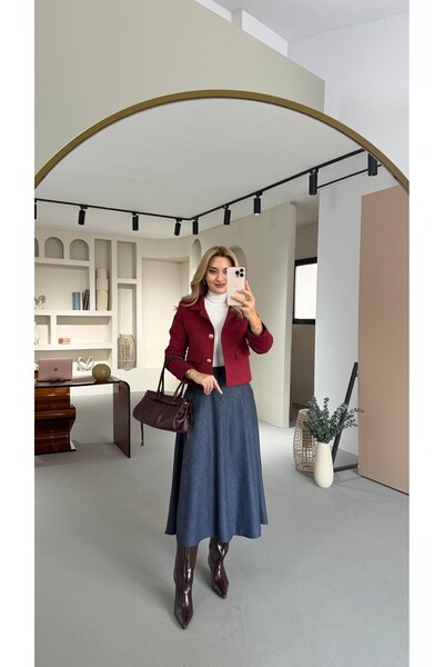 Sezgi Tekin Navy Blue Plaid Bell Skirt with Pocket Detail