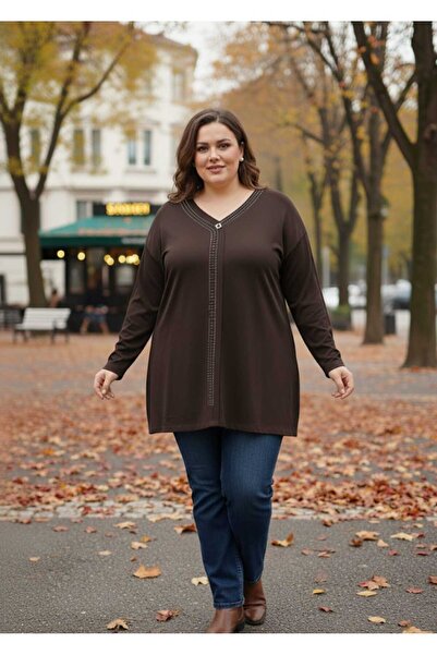 Aylin Güncüoğlu Battal Size Length 70 cm Long Sleeves Front Patterned V-Neck ...