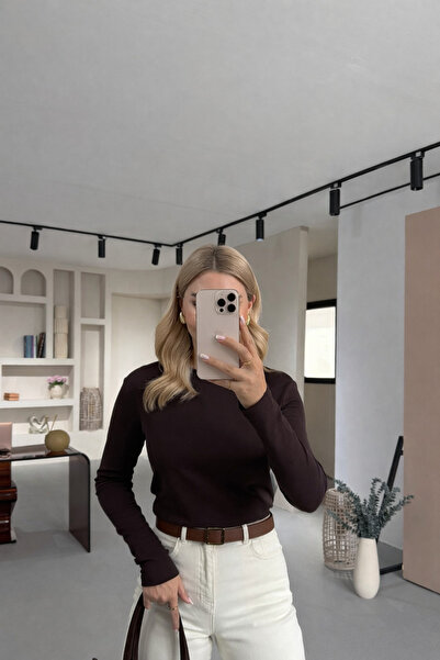 Sezgi Tekin Premium Seri guler rotund Bumbac cu mânecă lungă maro basic