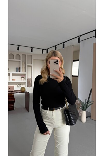 Sezgi Tekin Premium Seri guler rotund Bumbac negru cu mânecă lungă basic