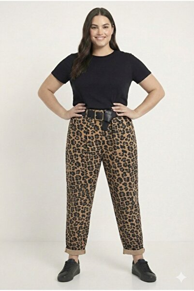 della moor Women's Camel Italian Leopard Print Loose Fit Wide Leg Carrot/Shal...