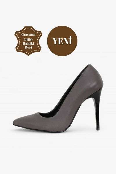 Grasyano Hakiki Deri Yüksek Stiletto Antrasit Gri Yüksek Ökçe Yumuşak Deri 10...