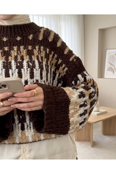 Modamorfo Three-color patterned thick knit sweater - coffee