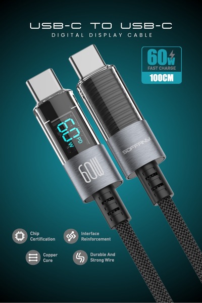 Soffany HM-540 60 W Dijital Ekran Type-C to Type-C Şarj & Data Kablosu