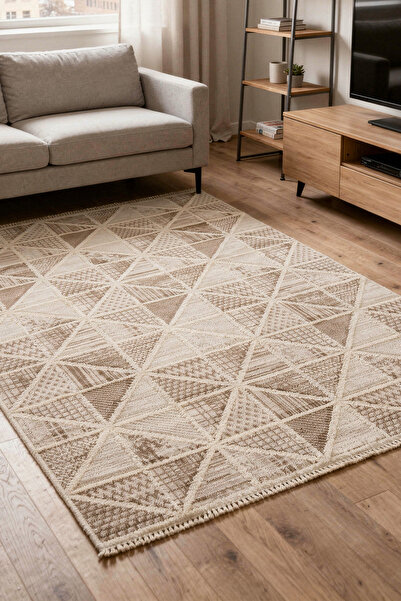 HalınıAl Step 2201 Krem - Sıcak Krem Renkli Etnik Desenli Halı