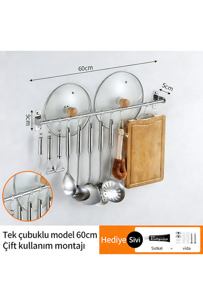 Allmart Mutfaklar için 10 kancalı, 60 cm duvara monte paslanmaz çelik saklama...