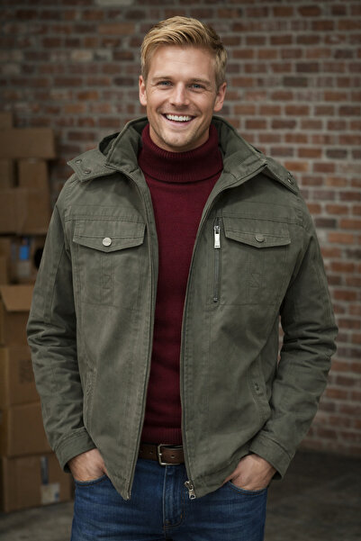 DYNAMO Men's Green Color Hooded Fur Lined Waterproof Jacket Coat