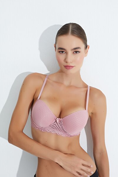 HANUW Yağmur Desen Kol Dantelli Dolgulu Balenli Siyah Sütyen - Pamuklu