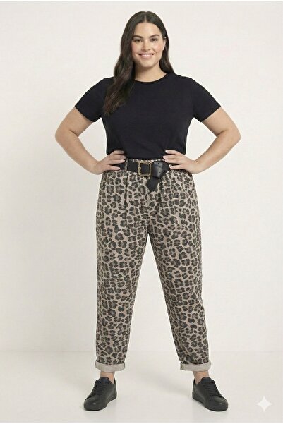 della moor Women's Beige Italian Leopard Print Loose Fit Wide Leg Carrot/Shal...