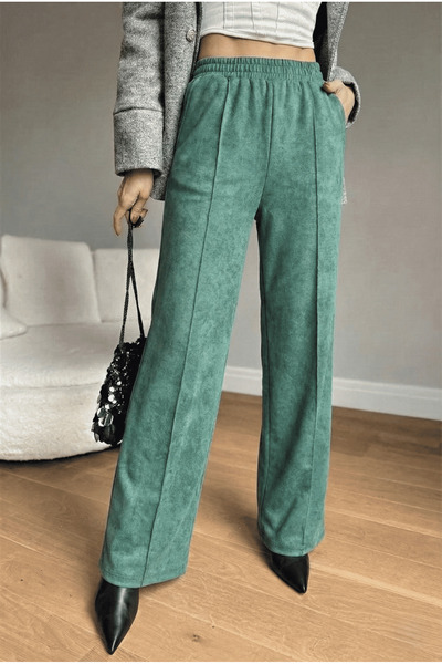 Avones Pantaloni largi pentru femei, cu model batik verde, cu buzunare cu vol...