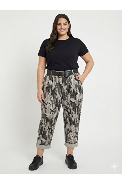 della moor Women's Beige Italian Camouflage Pattern Loose Fit Wide Leg Carrot...