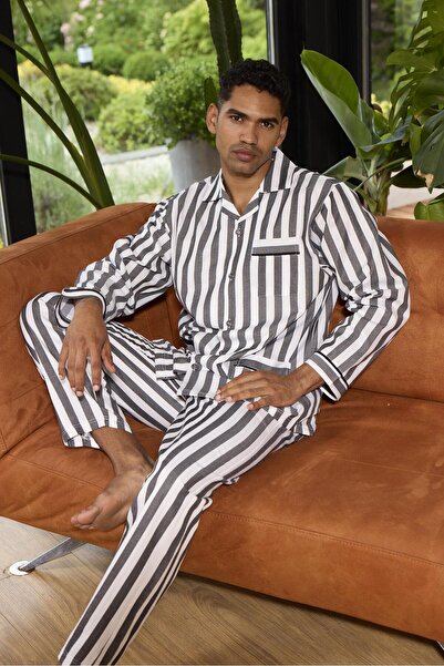 gd goldoremi 4007 Ριγέ νοσταλγικό βαμβακερό κοστούμι πιτζάμα με μακρυμάνικο κ...