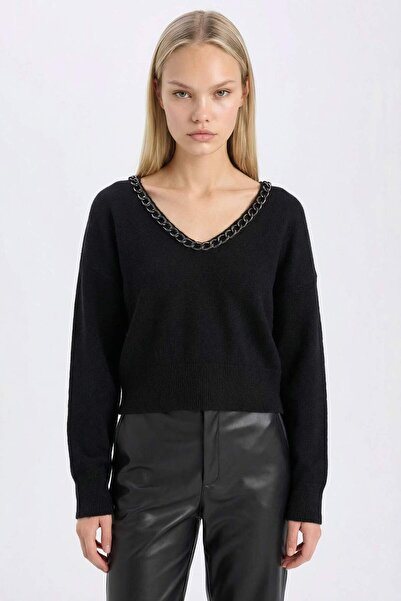 DeFacto Oversize Wide Fit V-Neck Knitwear Sweater E2309Ax24Wn
