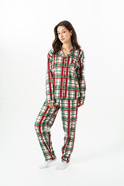 Ecrou Set de pijamale pentru femei, în carouri verzi, New Start guler tip Pet...