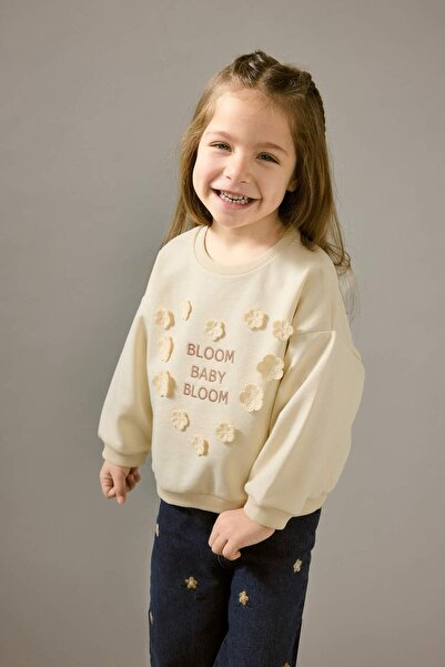 DeFacto Baby Girl Oversized Wide Fit Crew Neck Floral Embroidered Soft Fuzzy ...