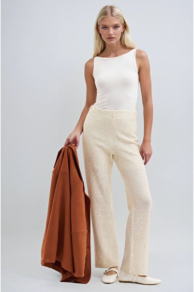 Lijuri Ekru Beli Lastikli ve Astarlı Pul Payet Pantolon 0106 R5-E-K4