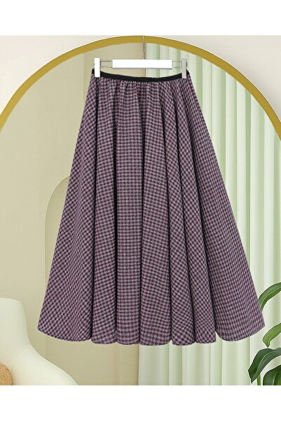 Modamorfo Plaid Patterned 360 Degree Skirt with Elastic Waist - Burgundy