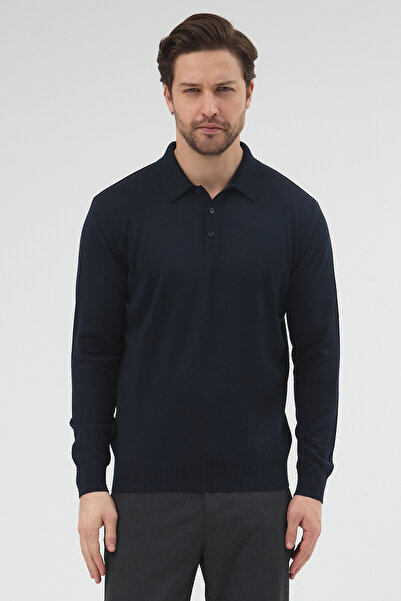 hateko Men's 50% Wool Navy Blue Polo Neck Sweater