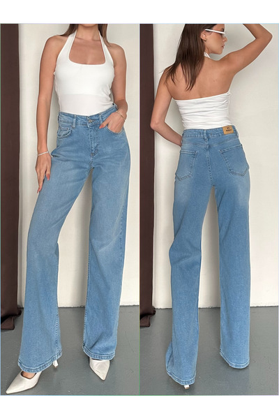 MARLİX أرجل واسعة بنطلون جينز عالي الخصر قماش قابل للتمدد مرن