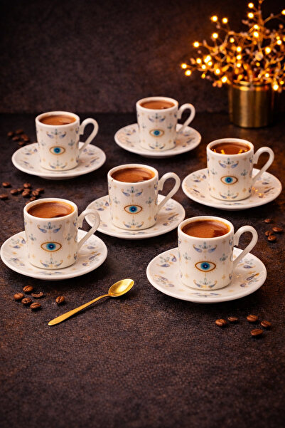YzHome 6 Kişilik 12 Parça Porselen Nazar Göz Kahve Fincan Takımı Seti 90ml