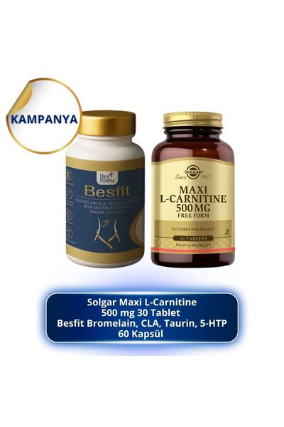 Solgar Maxi L-Carnitine 500 mg 30 Tablet ve Besfit Bromelain, CLA, Taurin, 5-...