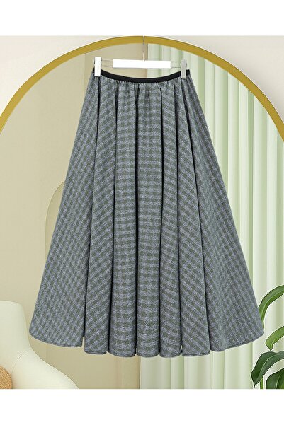 Modamorfo Plaid Patterned 360 Degree Skirt with Elastic Waist - Khaki