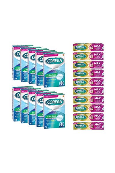 Corega x10 3 Dakikada Diş Protezi Temizleyici 30 Tablet + x10 Max Tutuş + Kon...