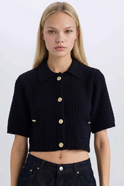 DeFacto Cropped Fit Shirt Collar Buttoned Knitwear Short Sleeve Cardigan E197...