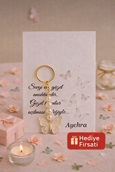 Aychra İnci Taneli Kelebek Anahtarlık / Çanta Süsü / Epoksi Charm / Uzun Zinc...