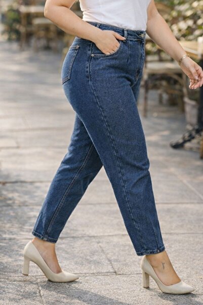 CEDY DENIM Mom Fit Jean Büyük Beden Yüksek Bel Carrot Kesim Dar Paça Pileli Esnek Kot Pantolon C600-mavi