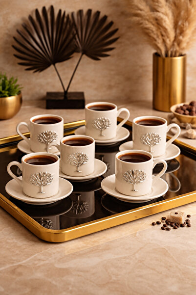 YzHome 6 Kişilik 12 Parça Porselen Hayat Ağacı Platin Gümüş Kabartma Motif Ka...