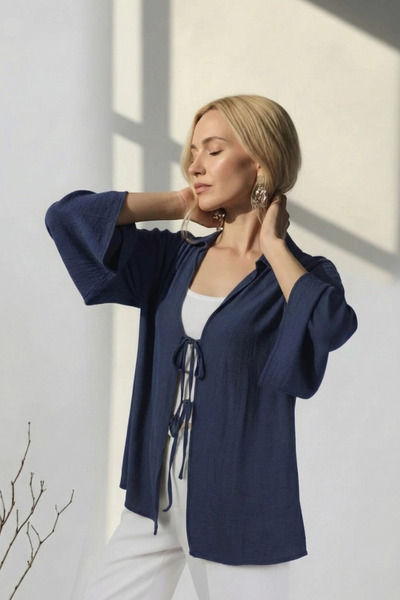 PASTELASTORE Kimono pentru femei 100% bumbac și in, cu șireturi, buzunar 1165...