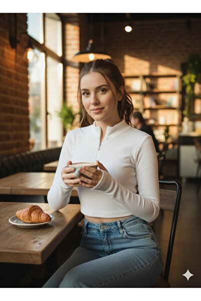 LADY HAZAL Darkalip Slimfit - White Long Sleeve, Short Zipper, Finger Detaile...