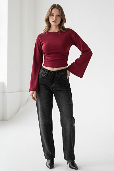 Madmext Bluză de damă cu mâneci largi și cu volanat pe laterale, roșu burgund...