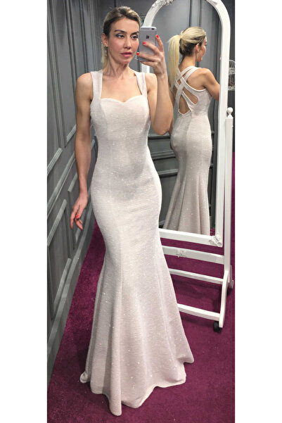 Abiyeniall Bej Sırt Dekolteli Balık Etekli Simli Kumaş Uzun Abiye Elbise 6030