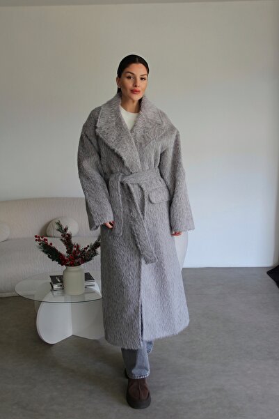 Julidress Palton lung de lână premium, gri deschis, cu textura specială, cu c...