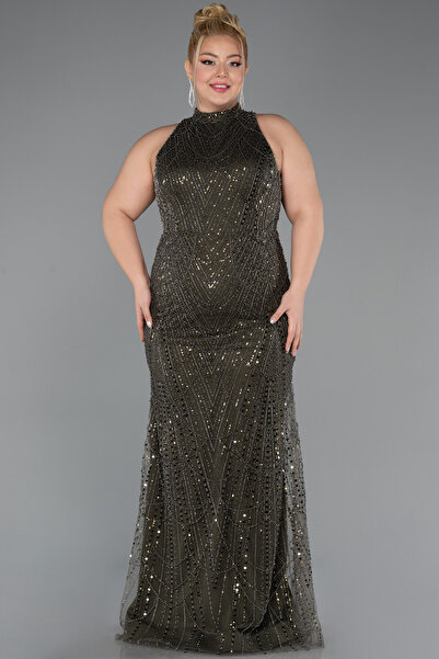 Abiyefon Koyu Haki Halter Yaka Uzun Boncuklu Büyük Beden Abiye ABU5063