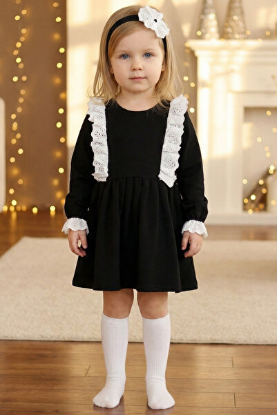 Parla Kids Κορίτσια Elena Μαύρο μακρυμάνικο φόρεμα με λαιμόκοψη με δαντέλα με...